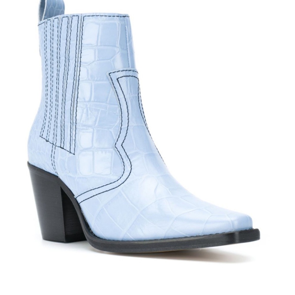 Ganni Light Blue Croc-Embossed Heeled Boots